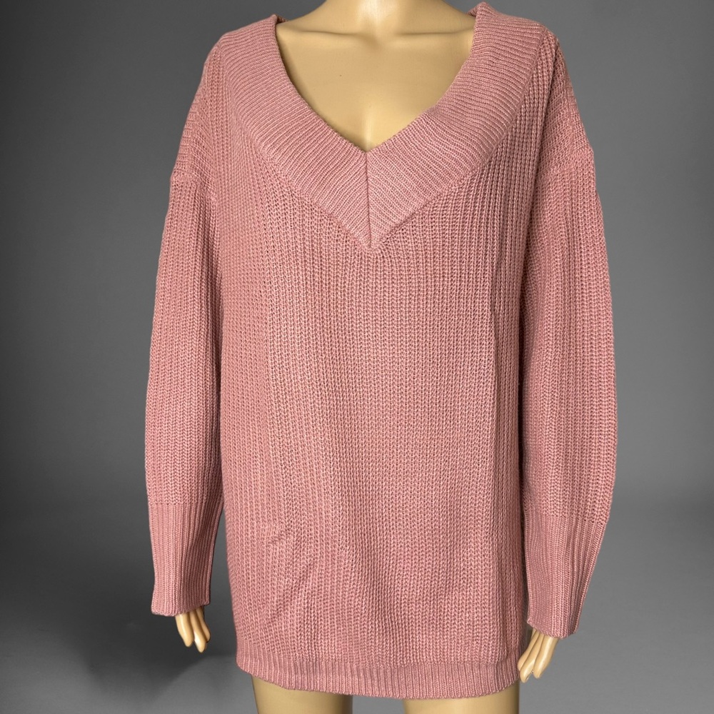 Love Circle Pullover Sweater Size XL Baby Pink Waffle Knit V-Neck Dolman Sleeves